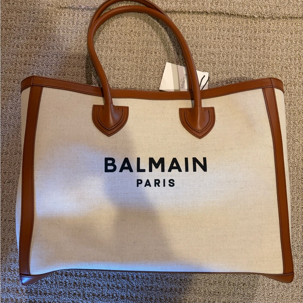 Balmain cream and brown leather trimmed tote. Excellent condition. No marks
